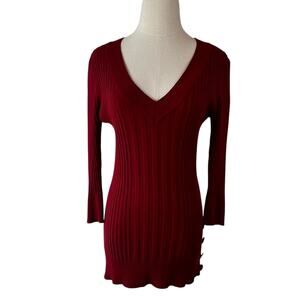 Vintage Y2K ribbed Fitted V-neck Sweater size Large 3/4 Sleeve Red